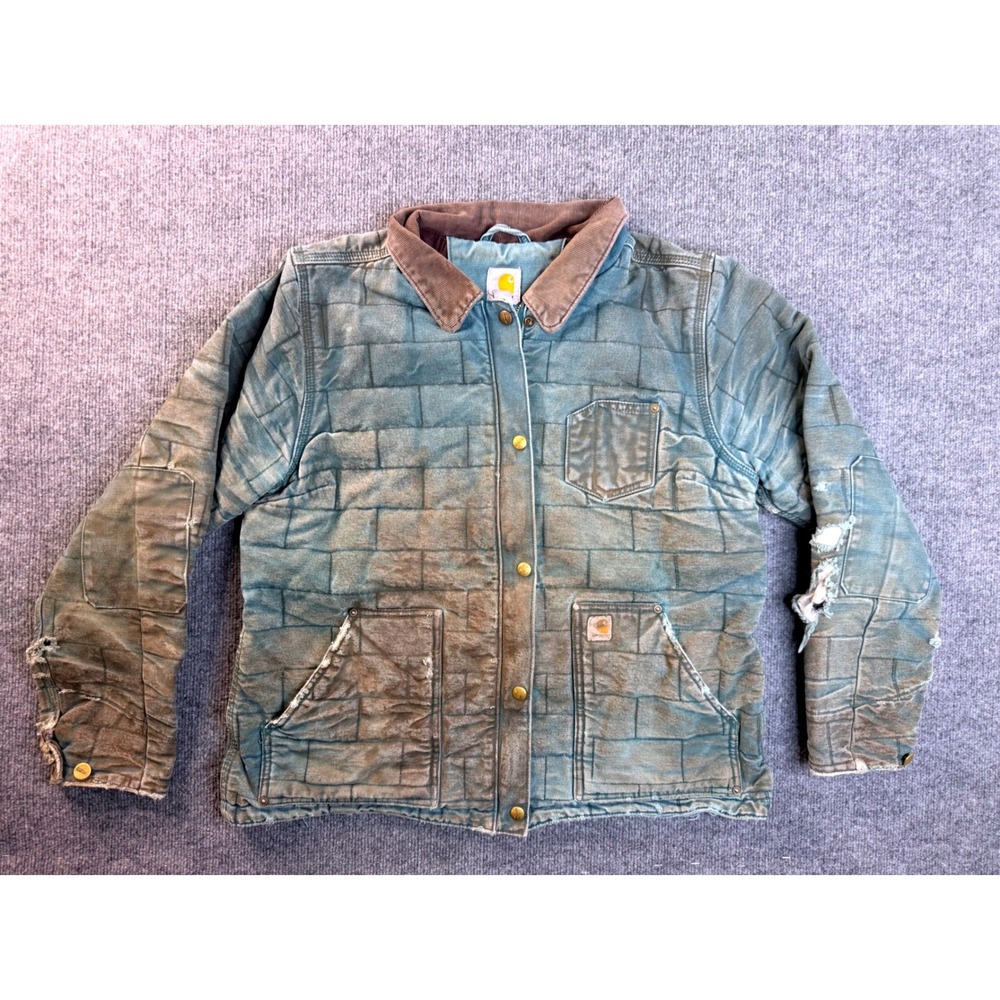 Vintage Carhartt Quilted Barn Jacket L Blue Cotton Distressed Workwear Y2K Coat